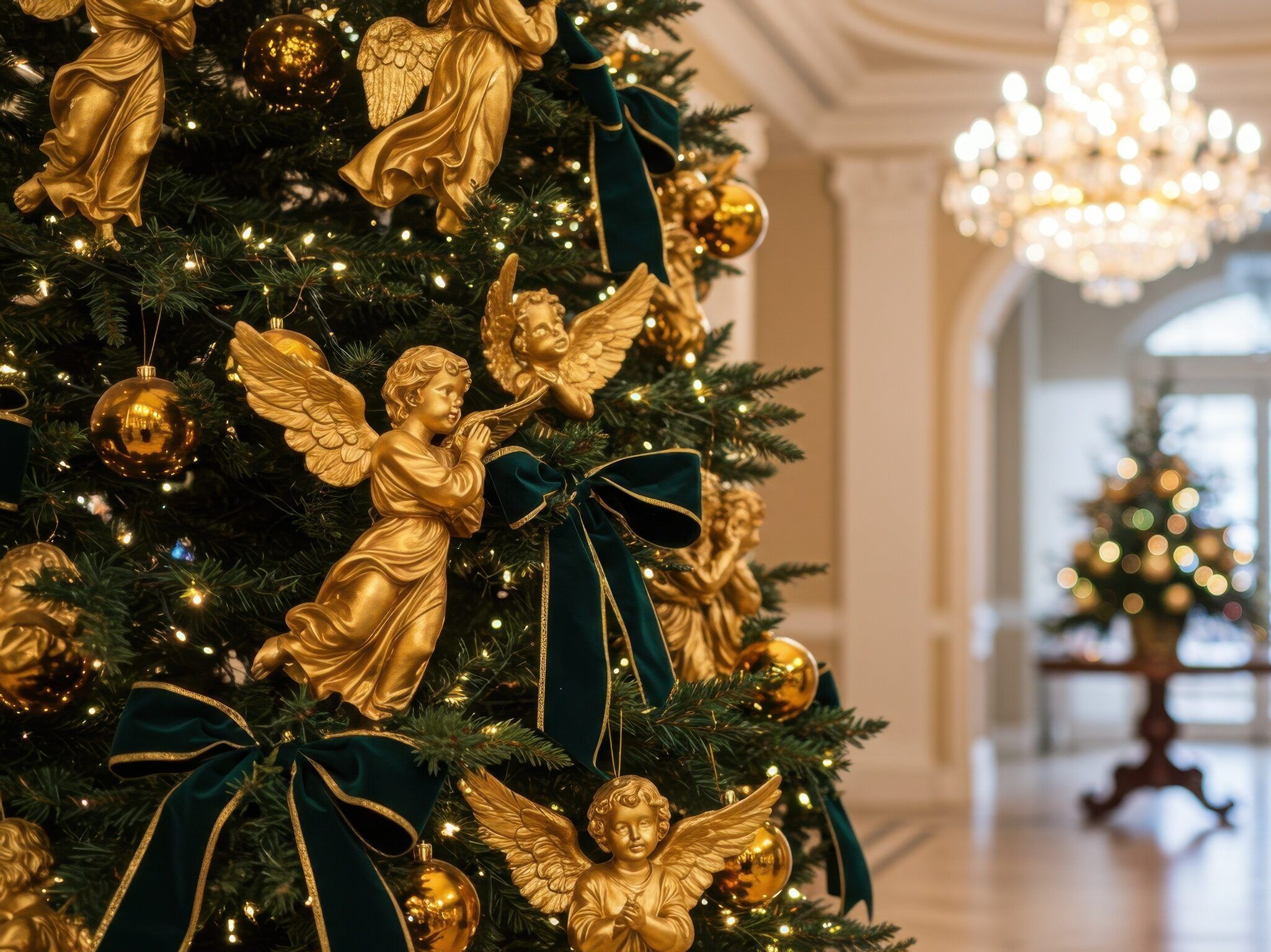 Decoración navideña profesional con árbol y ángeles dorados en hotel de Zaragoza