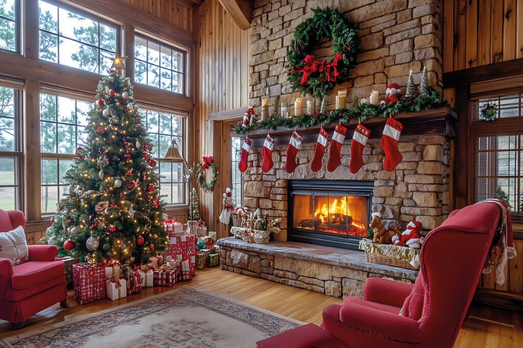 Decoración navideña profesional en salón de casa rural con chimenea, árbol iluminado y guirnaldas rojas y verdes. Navidad Design Zaragoza.