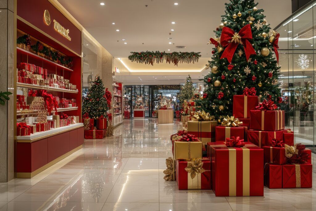 Decoración navideña profesional en centro comercial con árbol y regalos festivos Zaragoza