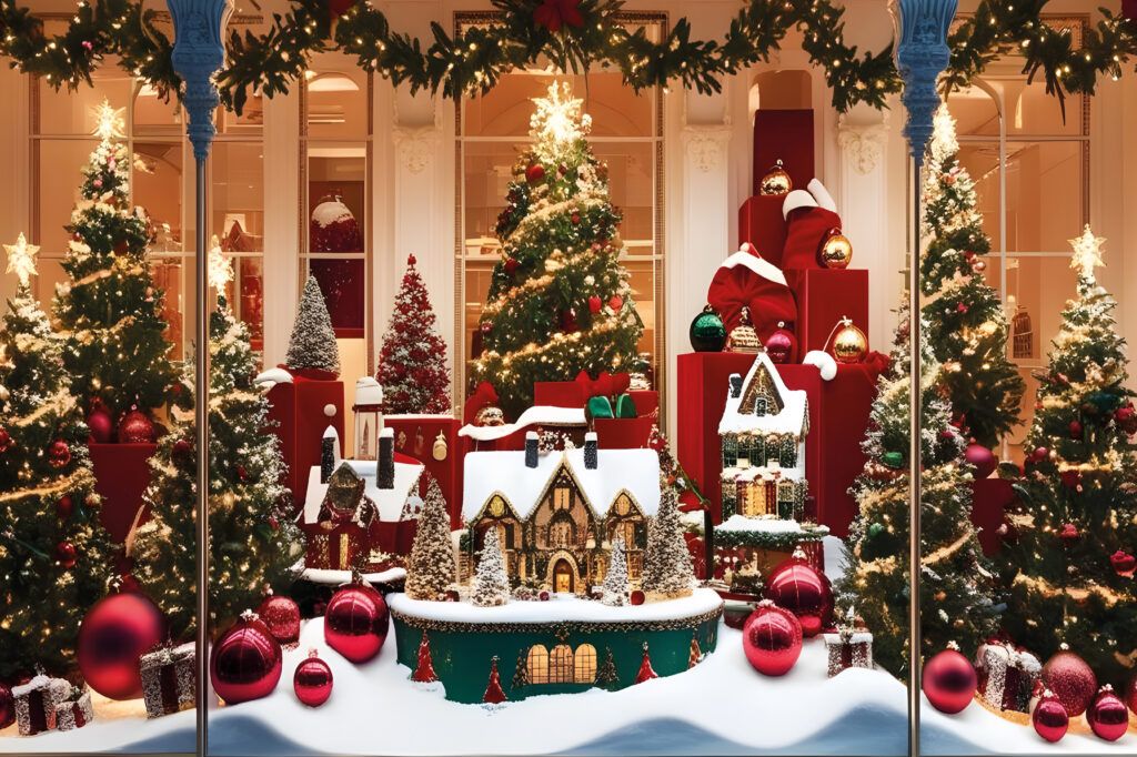 Escaparate navideño rojo, verde y dorado con árboles de Navidad, casitas decorativas, regalos y bolas. Navidad Design en Zaragoza