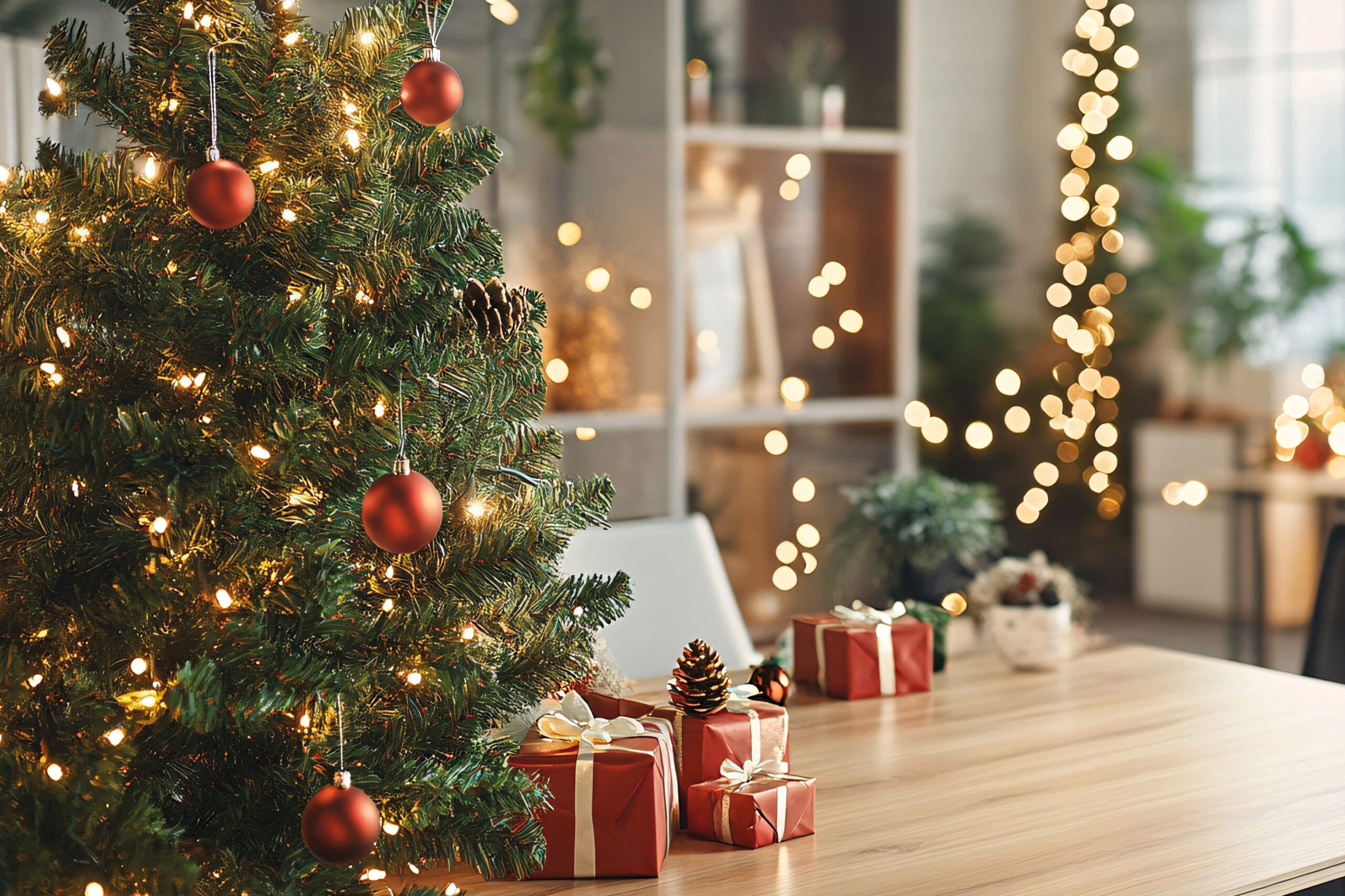 Decoración navideña profesional en oficina con árbol de Navidad, regalos y guirnaldas en Zaragoza