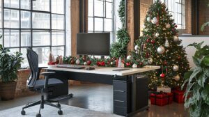 Decoración navideña en oficina con árbol de Navidad para mejorar el ambiente laboral y la motivación