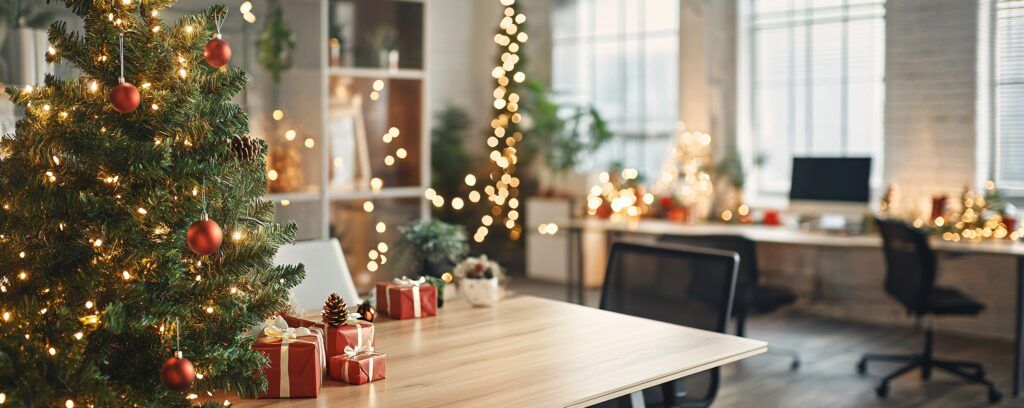 Decoración navideña profesional en oficina con árbol de Navidad, regalos y guirnaldas en Zaragoza