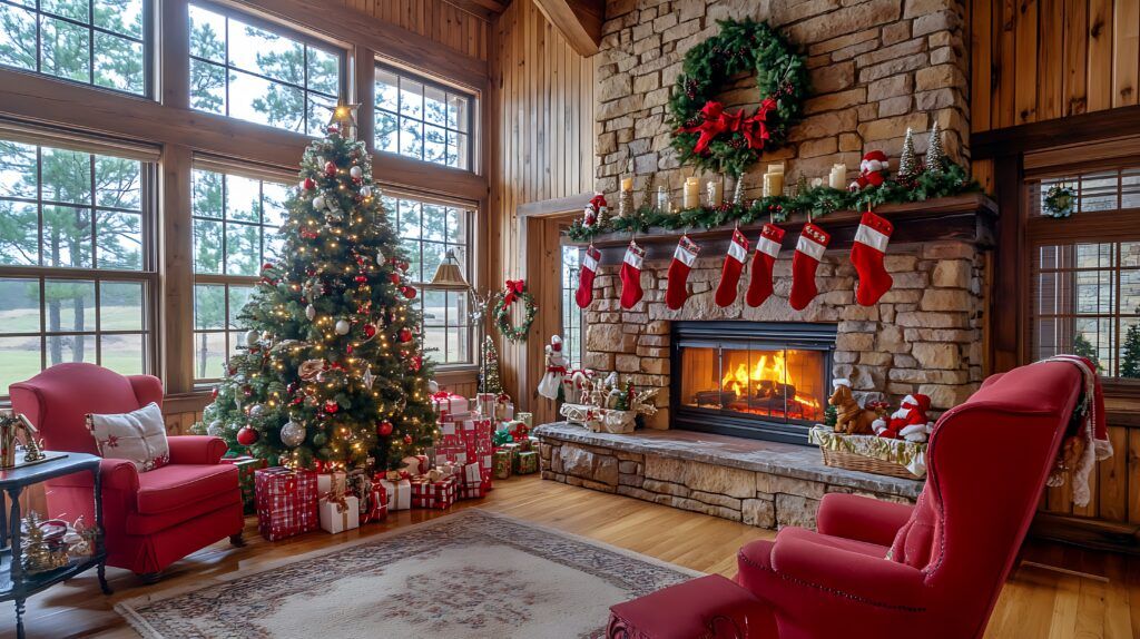 Decoración navideña profesional en salón de casa rural con chimenea, árbol iluminado y guirnaldas rojas y verdes. Navidad Design Zaragoza.